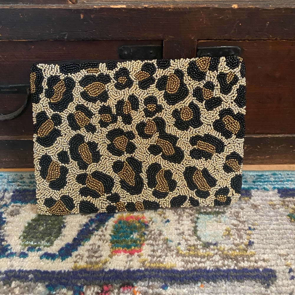 Beaded leopard print clutch